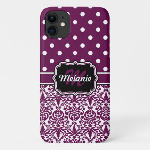 Purple Monogrammed Damask Polka Dots Pattern iPhone 11 Case