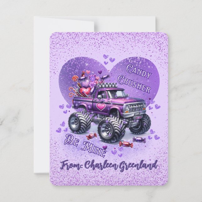 Purple Monster Truck Candy Crusher Be Mine Holiday Card (Front)
