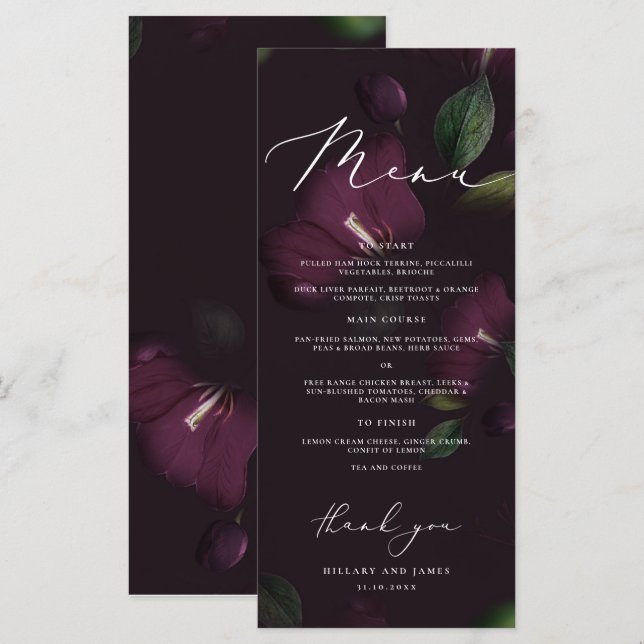 Purple Moody Blooms Calligraphy Wedding Dinner Menu (Front/Back)