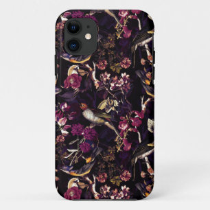 Purple Moody Floral Antique Birds Pattern iPhone 11 Case