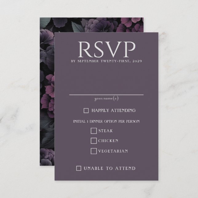 Purple Moody Floral Food Choices RSVP Card (Front/Back)