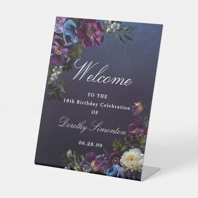 Purple Moody Flower 18th Birthday Welcome  Pedestal Sign (Front)