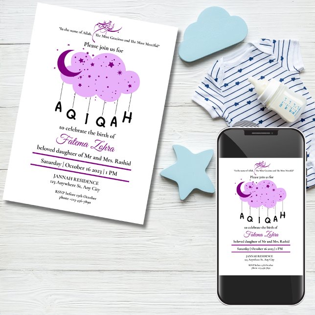 Purple Moon Cloud Star Baby Girl Muslim Aqiqah Invitation (Purple Moon Cloud Star Baby Girl Muslim Aqiqah Invitation)
