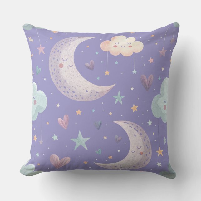 Purple Moon & Clouds 20"x20" Throw Pillow (Front)