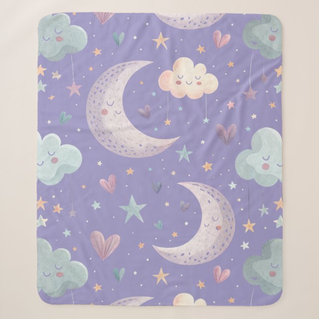 Purple Moon & Clouds Medium Sherpa Blanket (Front)
