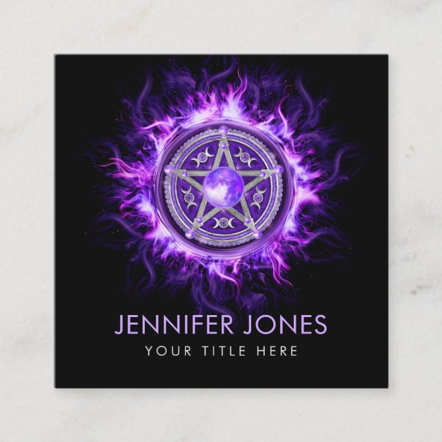 Purple Moon Pentagram Square Business Card (Front)