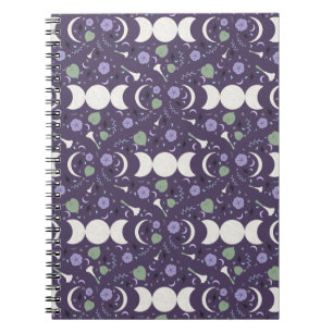 Purple Moon Phase Floral Pattern Spiral Notebook