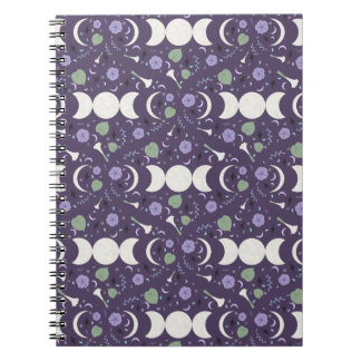 Purple Moon Phase Floral Pattern Spiral Notebook