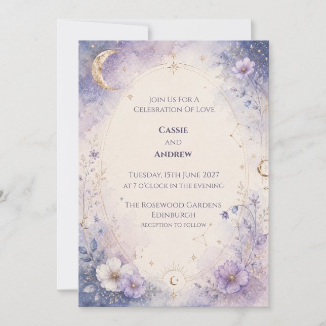 Purple Moonlit Floral Wedding Invitation (Front)