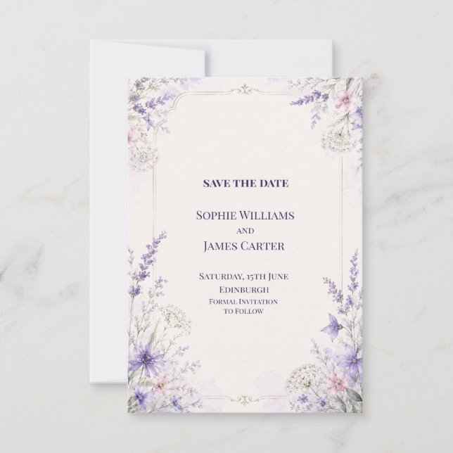 Purple Moonlit Floral Wedding Save The Date (Front)