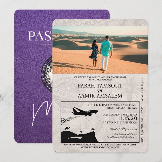 Purple Morocco Passport Wedding Invitation (Front/Back)