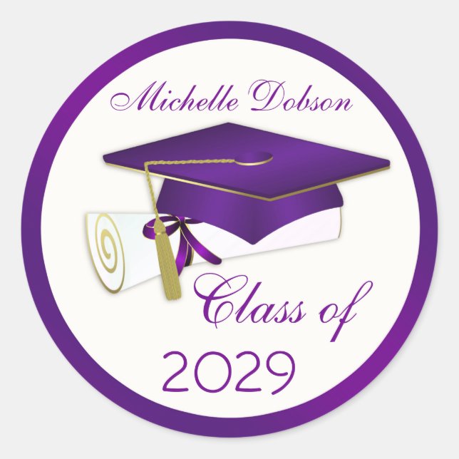 Purple mortar, diploma Graduation Classic Round Sticker (Front)