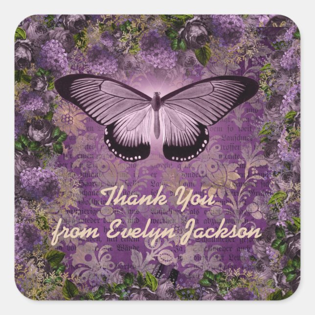 Purple Moth Floral Newspaper Ephemera Thank You Square Sticker (Front)