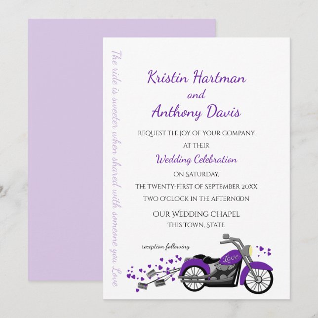 Purple Motorcycle and Hearts Wedding Invitation (Front/Back)