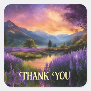 Purple Mountain Valley Sunrise Thank You Square Sticker