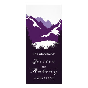 Purple mountains and conifer trees wedding program rack card