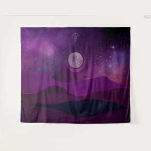 Purple mountains and sky with stars & full moon tapestry
