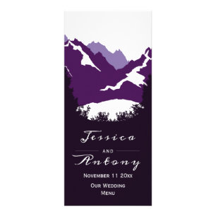 Purple mountains, conifer trees wedding menu card
