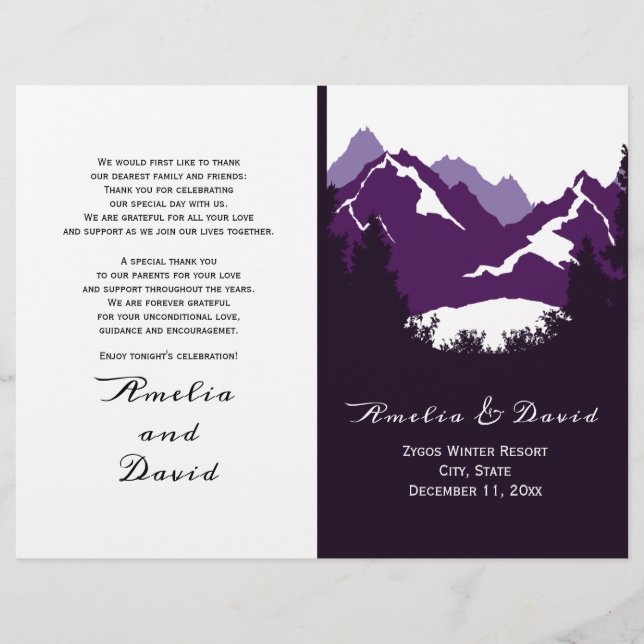 Purple mountains, conifers folded wedding program (Front)