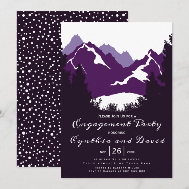 Purple mountains conifers wedding engagement party invitation (Front/Back)