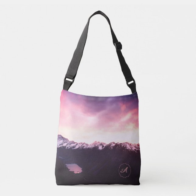 *~* Purple Mountains Pink & Lavender Sky Photo Crossbody Bag (Front)