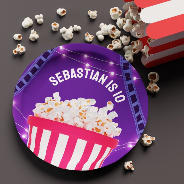 Purple Movie Night Popcorn Box Kids Birthday Party Paper Plate (Purple Movie Night Popcorn Box Kids Birthday Party Paper Plates)