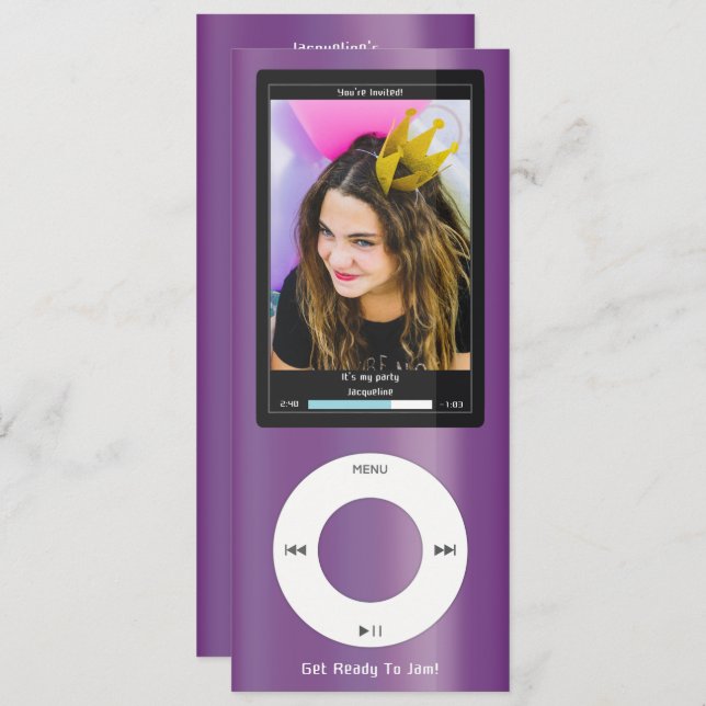 Purple MP3 Music Player II Birthday Invitation (Front/Back)
