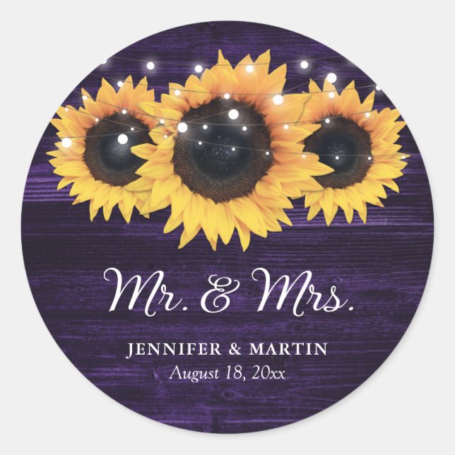 Purple Mr and Mrs Sunflower Wedding Stickers (Front)