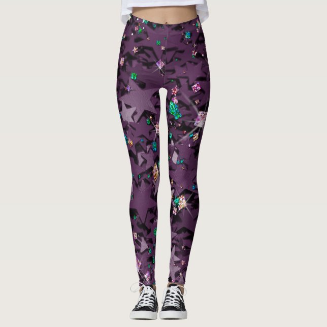 Purple & Multi-Coloured Sparkly Stars Leggings (Front)