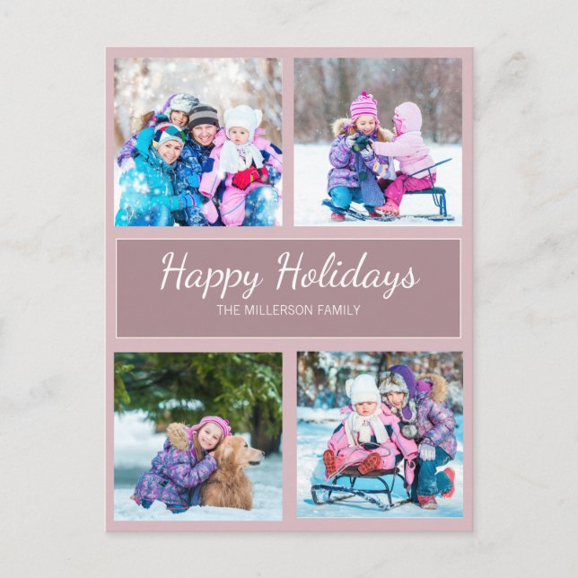 Purple Multi Photo Christmas Holiday Greeting Postcard (Front)