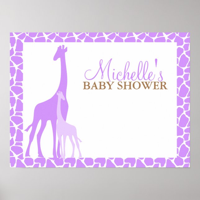 Purple Mum and Baby Giraffe Baby Shower Welcome Poster (Front)