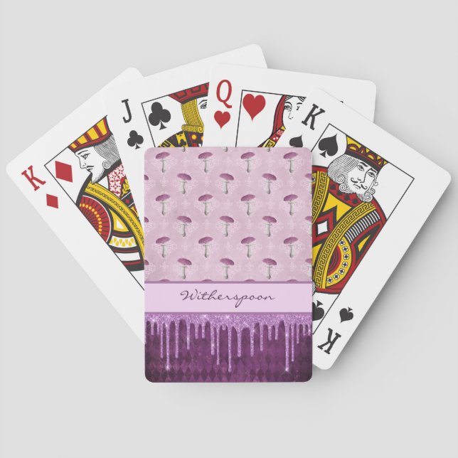 Purple Mushroom Dream and Glitter Drips Monogram Playing Cards (Back)