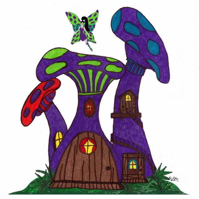 Purple Mushroom Houses with Fairy Sculpture Standing Photo Sculpture (Front)