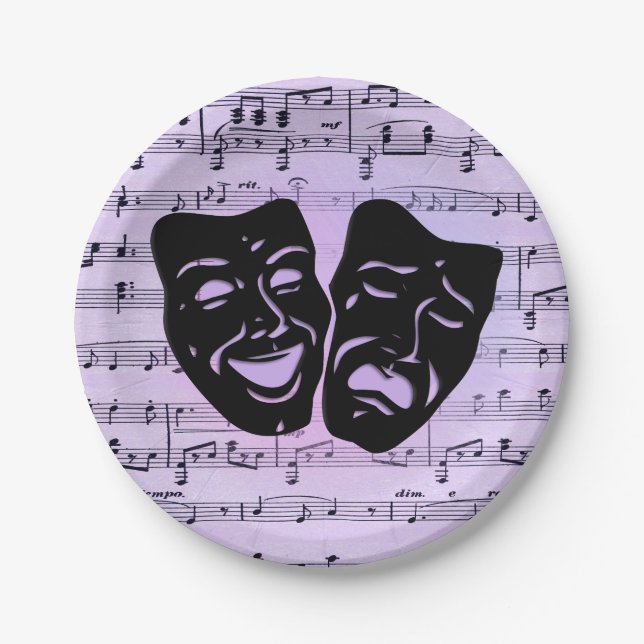 Purple Music and Theatre Masks Paper Plate (Front)