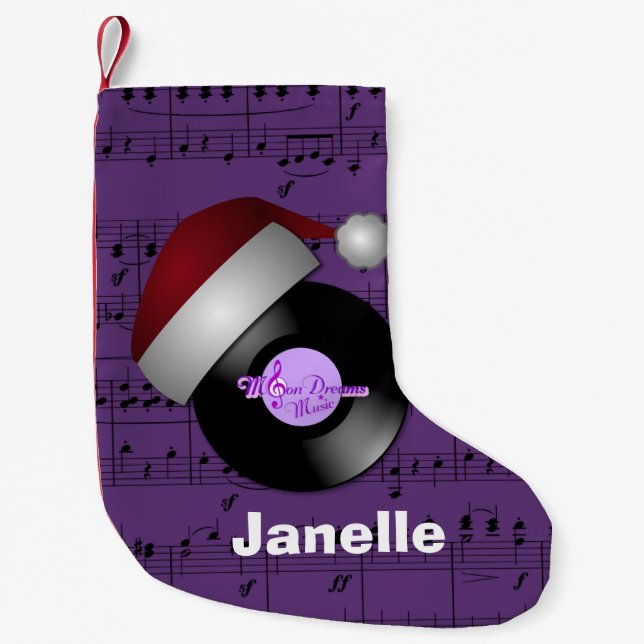 Purple Music Notes Santa Hat Retro Record Small Christmas Stocking (Front)