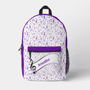 Purple music theme personalised printed backpack