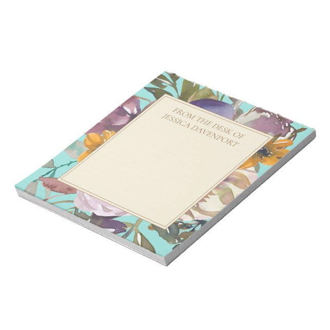 Purple Mustard Yellow Ivory Teal Floral From Desk Notepad (Rotated)