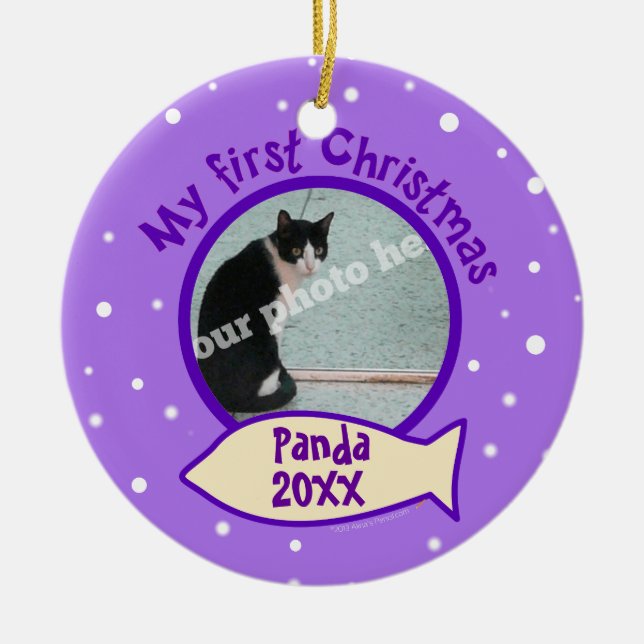 Purple My First Christmas Custom Photo Name Cat Ceramic Tree Decoration (Front)