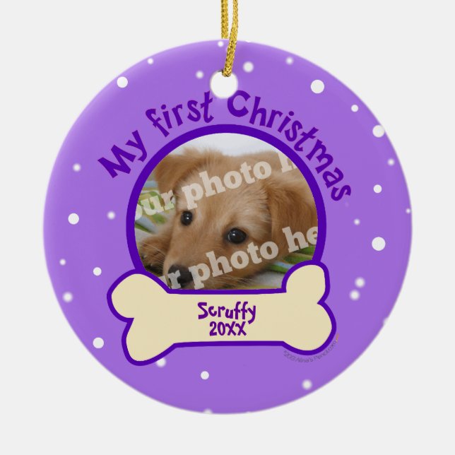 Purple My First Christmas Custom Photo Name Dog Ceramic Tree Decoration (Front)