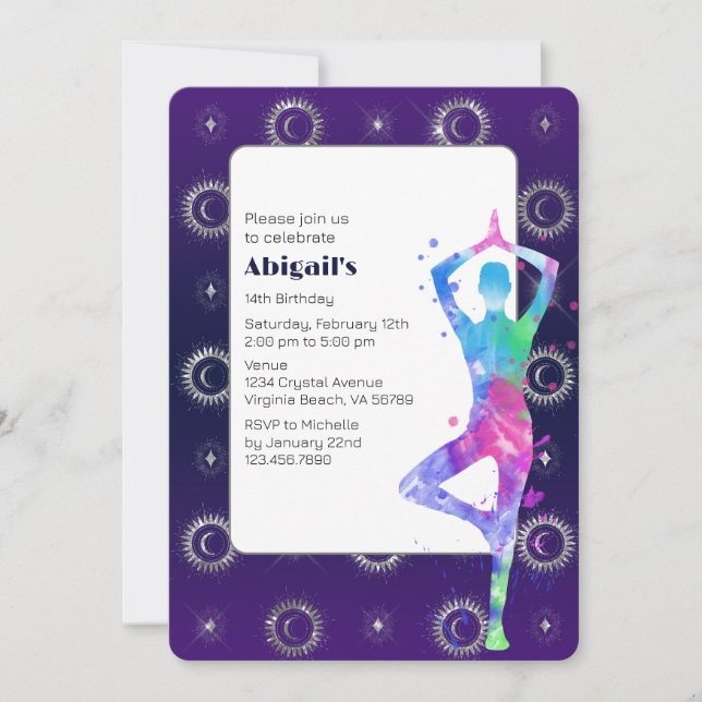 Purple Mystical Sun and Moon Yoga Birthday Invitation (Front)