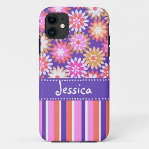 Purple 'n Pink Flowers & Stripes iPhone 11 Case