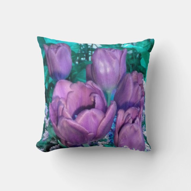 Purple N Teal Tulips Throw Pillow (Front)
