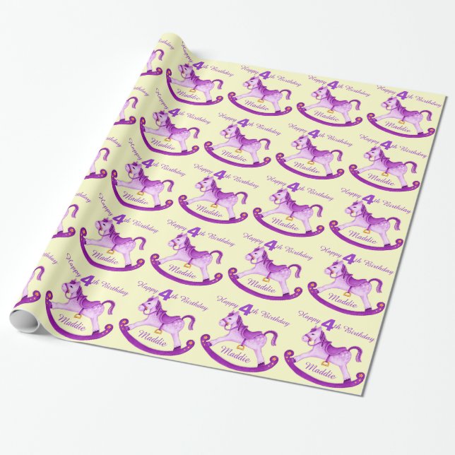 Purple named rocking horse 4th birthday wrap wrapping paper (Unrolled)