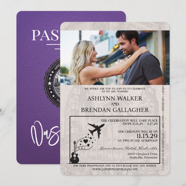 Purple Nashville Passport Wedding Invitation (Front/Back)