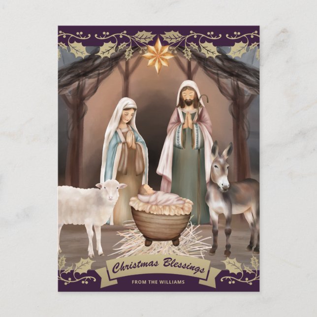 Purple Nativity Scene Christian Christmas Holiday Postcard (Front)