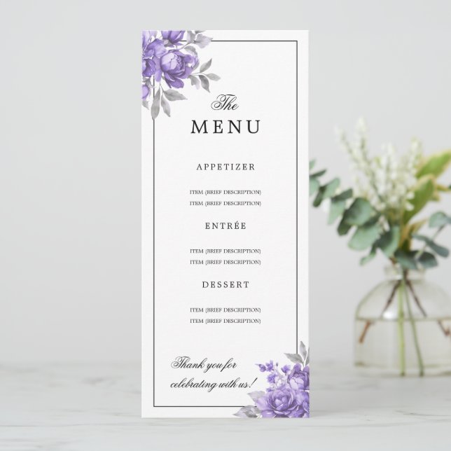 Purple Natural Rustic Floral Wedding Menu  Invitation (Standing Front)