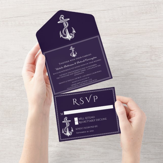 Purple Nautical Anchor All In One Invitation (Tearaway)