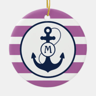 Purple Nautical Anchor Monogram Ceramic Tree Decoration