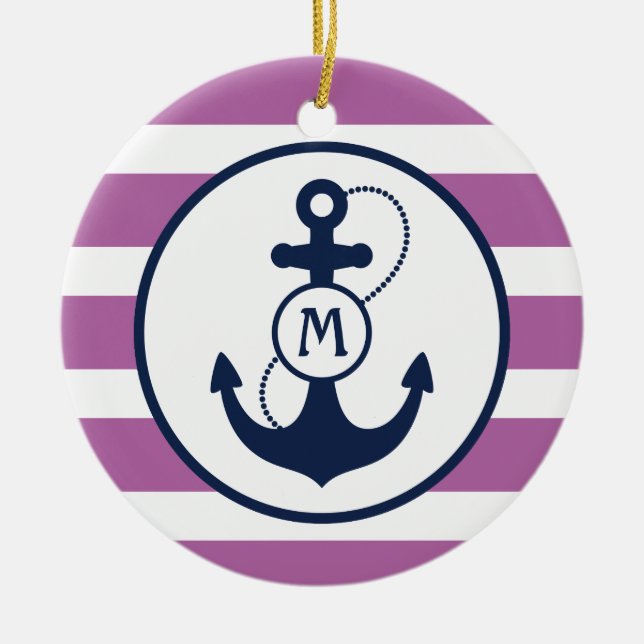Purple Nautical Anchor Monogram Ceramic Tree Decoration (Front)