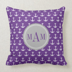 Purple Nautical Anchor Print Monogram Throw Pillow